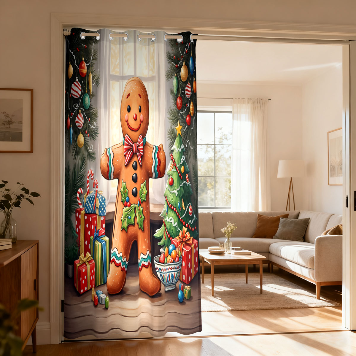 Home Decor Curtains - Weihnachts-Dekorationsvorhang mit Lebkuchenmann-Motiv, Einzelner Schlaufen-Vorhang, Türvorhang
