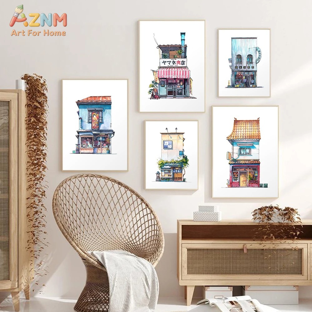 Home Decor Tokyo - AZNM Japanische Schaufenster-Aquarell-Leinwand-Wandkunst, Tokyo Street Shop-Druck,