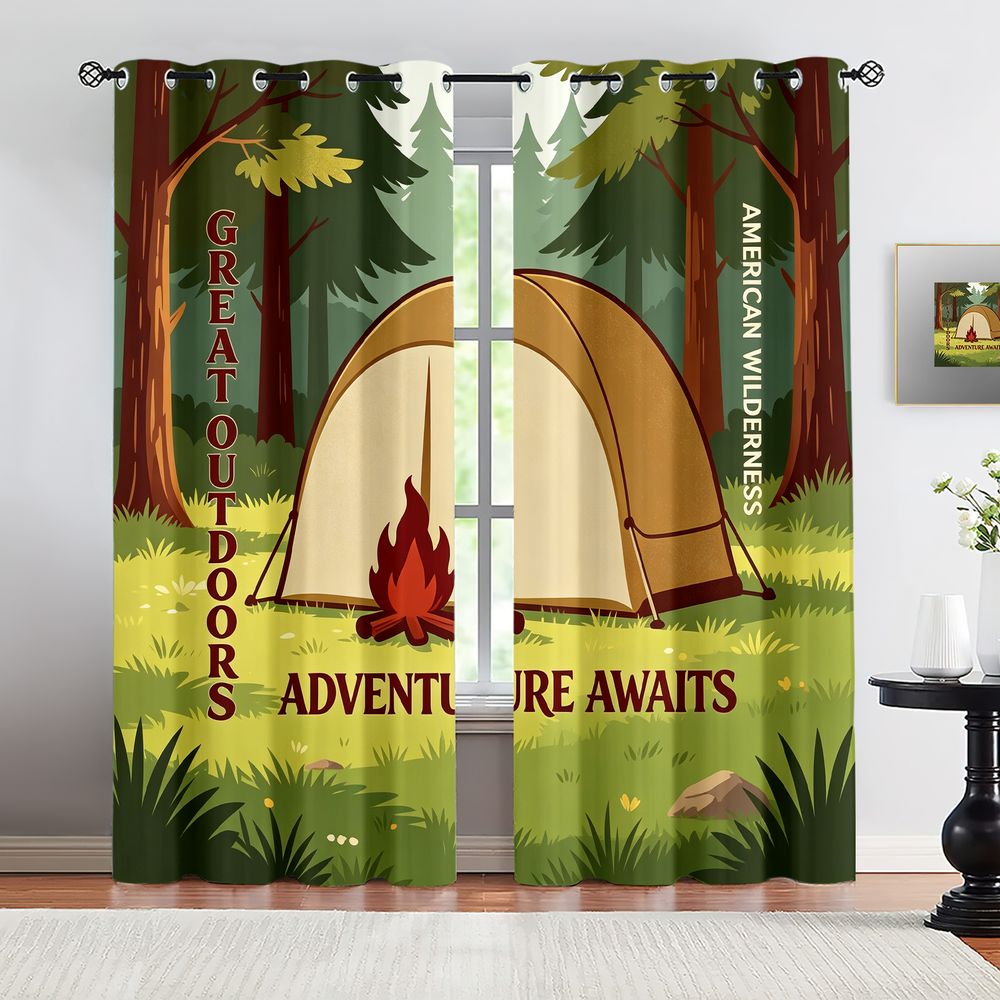 Home Decor Curtains - Camping-Szenen-Druckvorhänge, Rustikale Natur-Wald-Abenteuer Verdunkelungsvorhänge, 2-teilige Dekorative