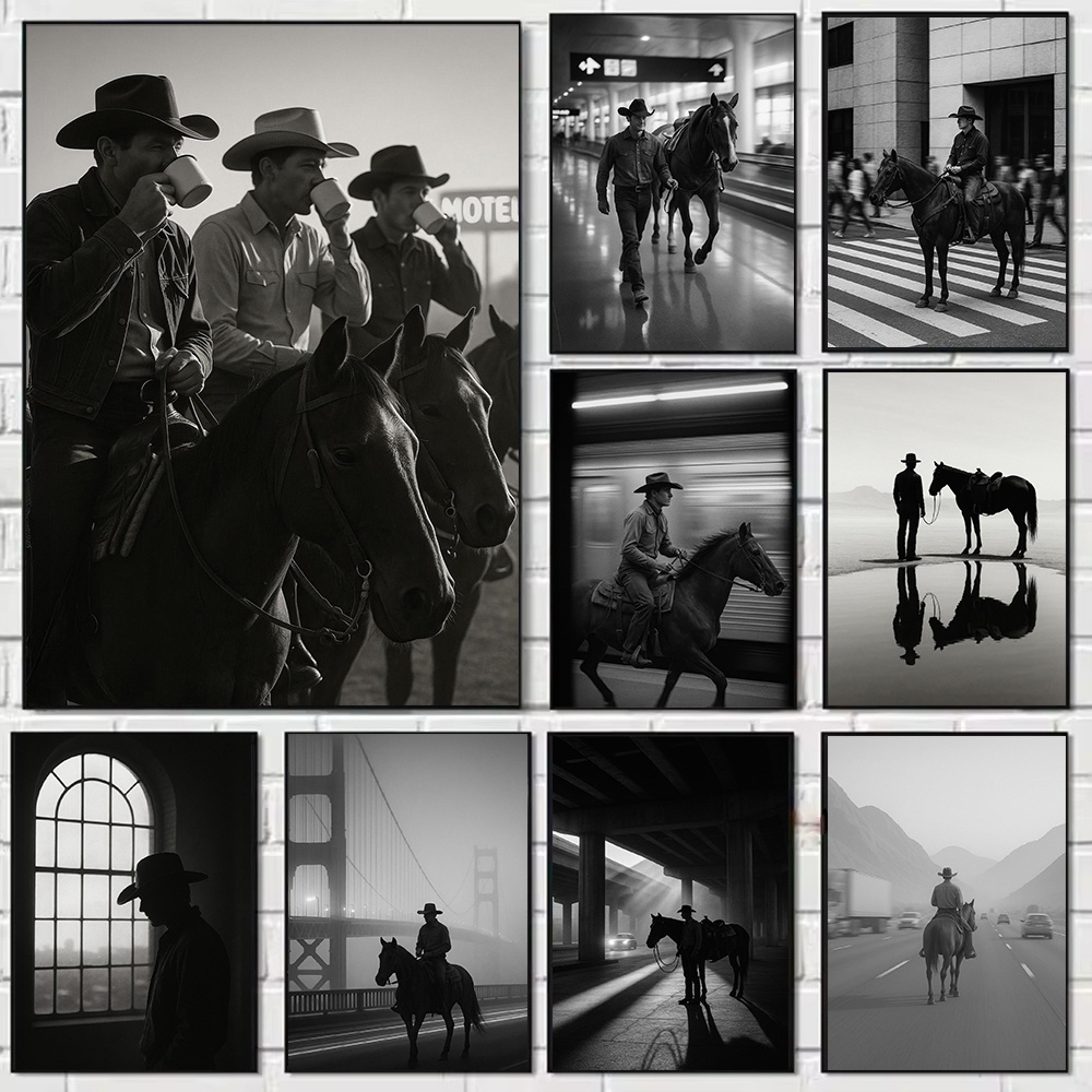 Home Decor Free Images - Westliche Schwarz-Weiß-Retro-Bilder, Kaffeepause, Cowboy-Drucke, U-Bahn-Cowboy-Bild Heimdekoration