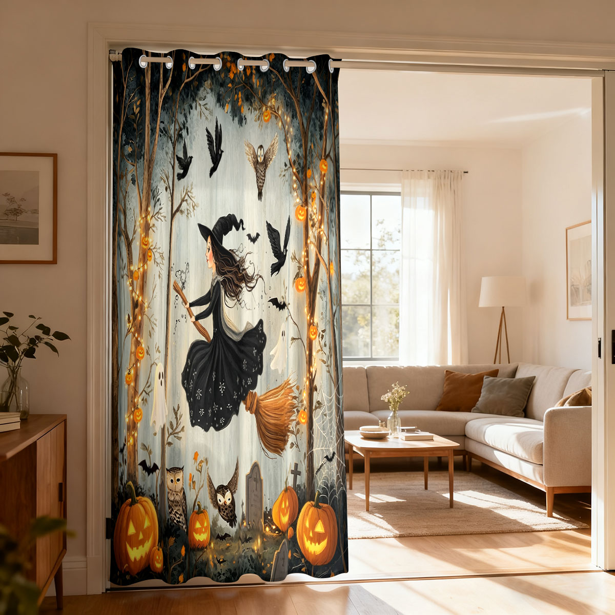 Home Decor Curtains - 1 Stück Halloween-Vorhang mit Hexen-, Kürbis-