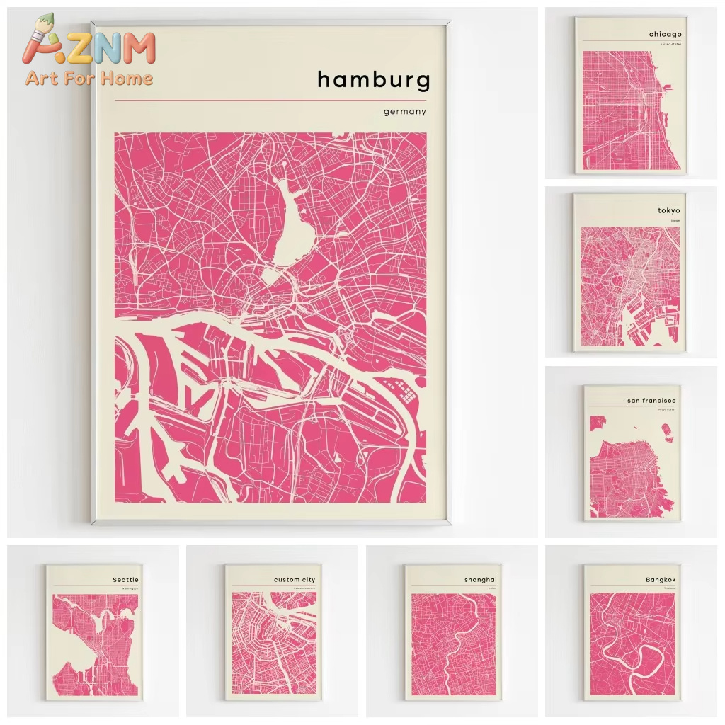 Home Decor Tokyo - 1 Stück, Stadtkarten-Poster und Drucke, rosa,