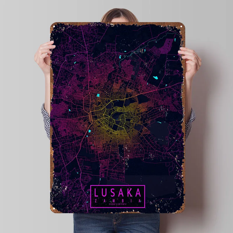 Home Decor Zambia - Lusaka Stadtplan Sambia Neon-Poster Metallschilder Männerhöhle