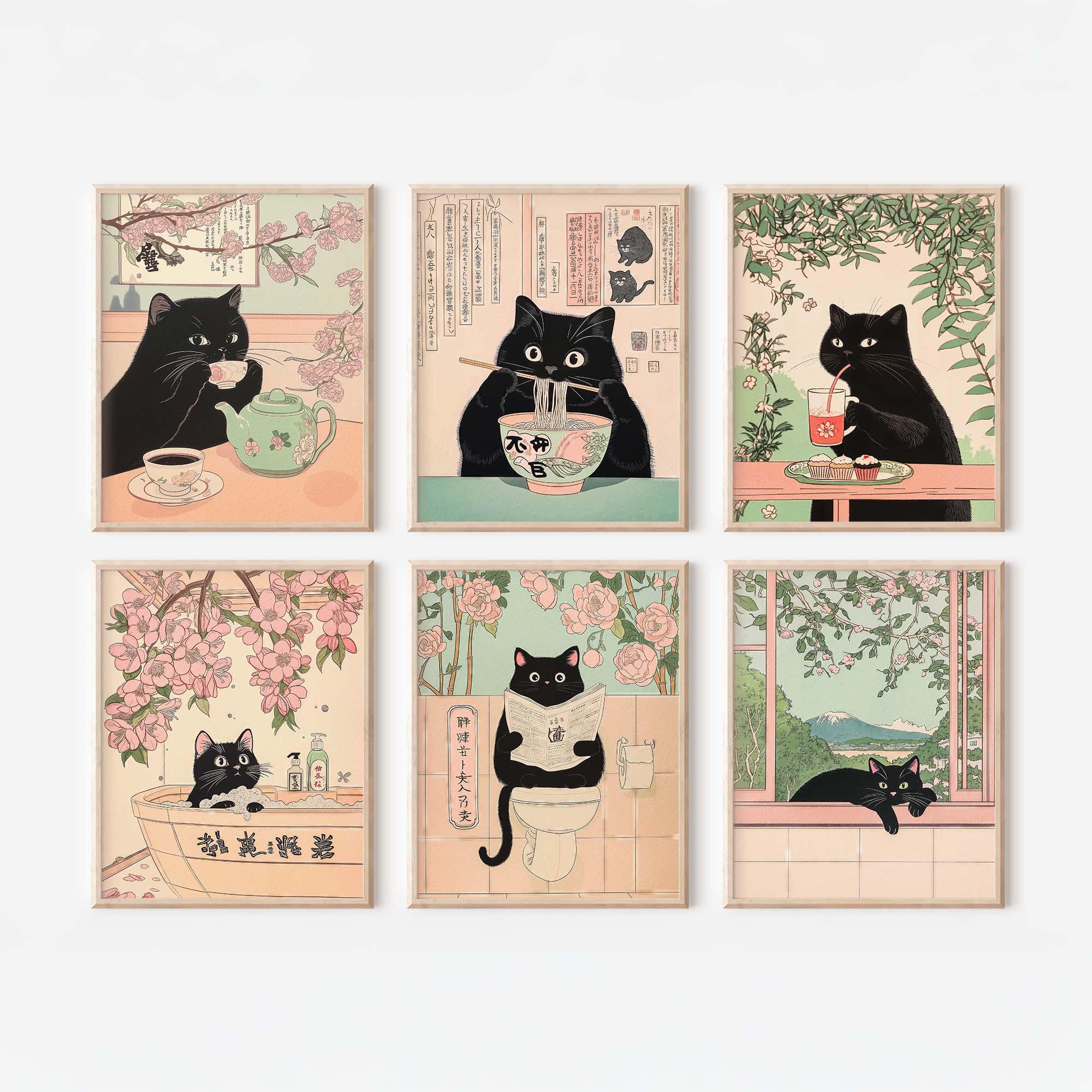 Home Decor Aesthetic Pinterest - Set mit 6 japanischen Katzenmotiven, schwarze