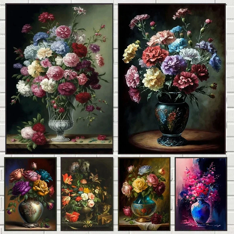 Glass Vase Nordic - Europäisches Klassisches Vintage Blumen-Leinwandgemälde Wanddekoration Stilleben