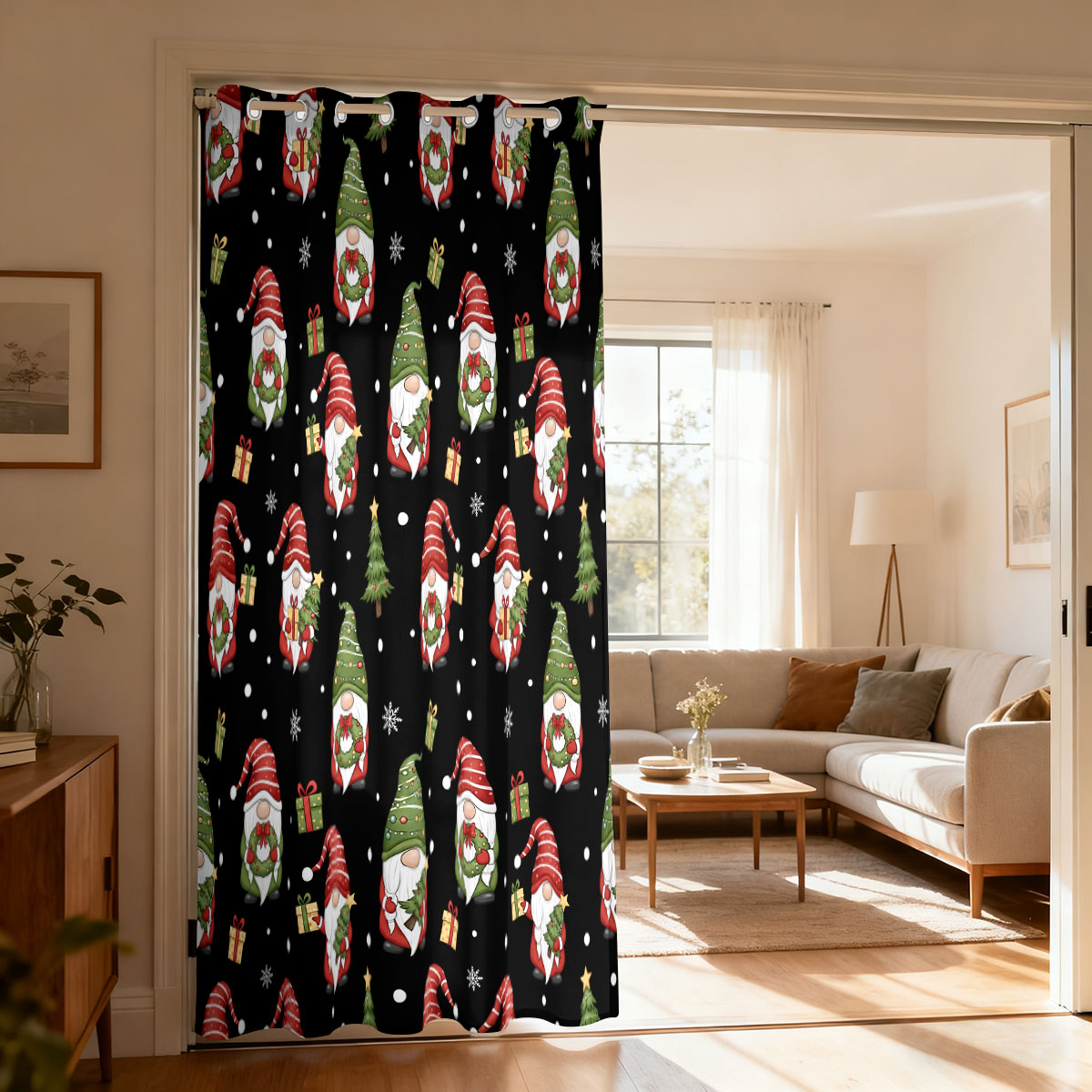 Home Decor Curtains - Weihnachtswichtel Weihnachtsbaum Geschenk-Druck Einzelner Schleifenvorhang, Türvorhang